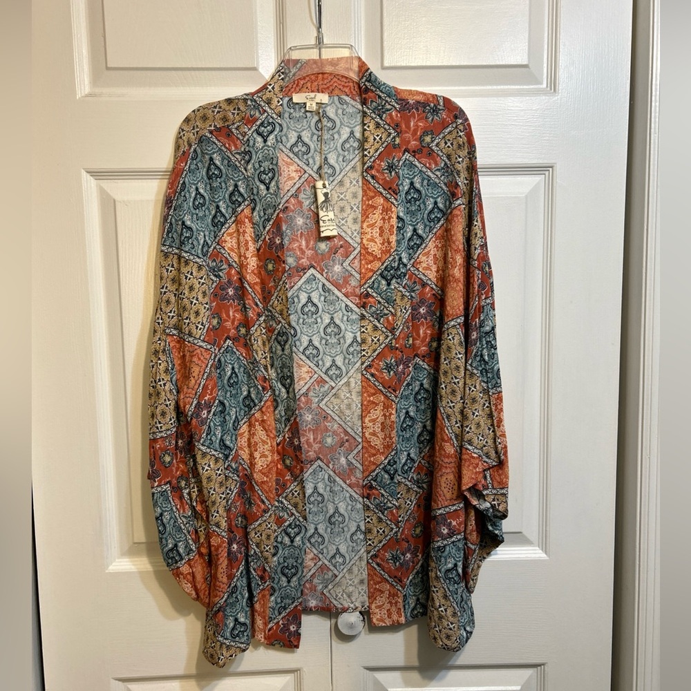 NWT Easel Kimono Duster Open Front Top Shrug Size M Medium Aztec Boho Colors